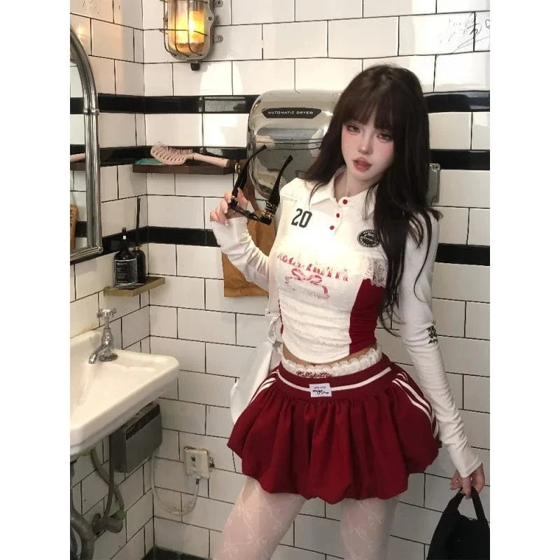Bomblook Z923ST06 Sweet Patchwork 2 Piece Skirt Sets Women Sexy Lace Longsleeve T Shirt and Mini Bubble Skirt Set Mini Set
