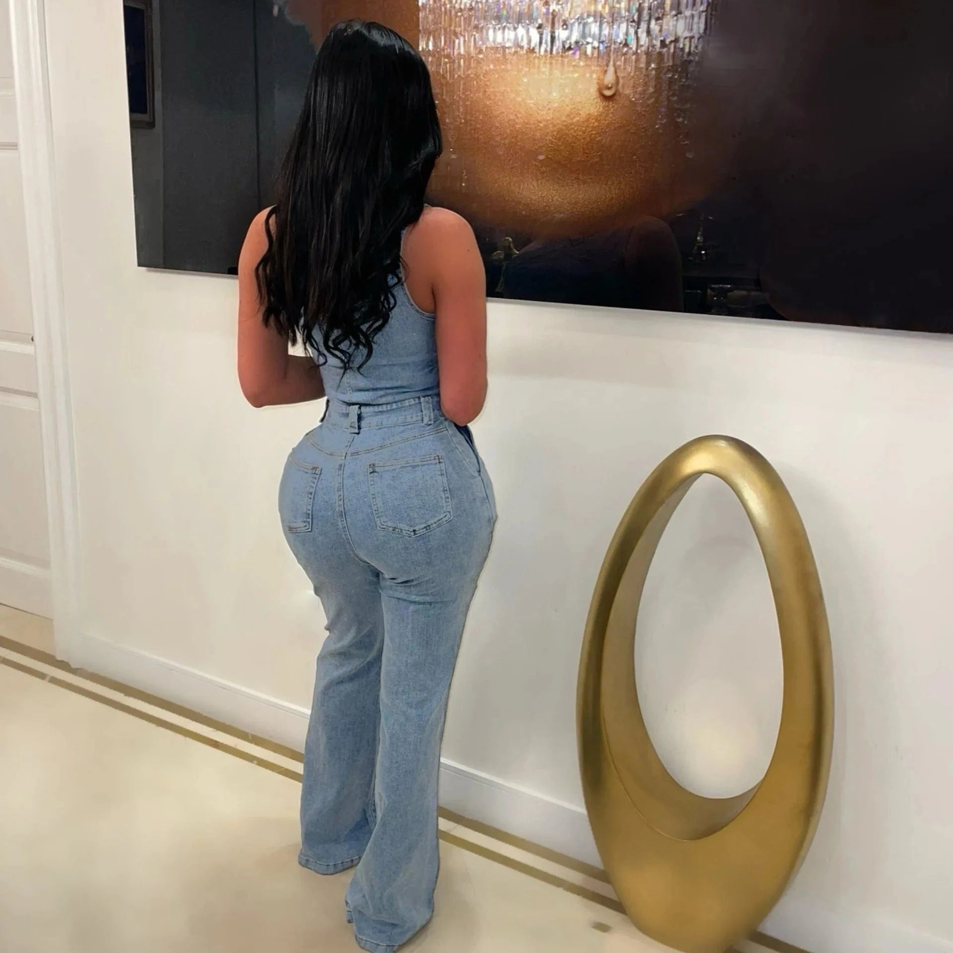 Bomblook Z929JP Female Diagonal Shoulder Tight Waist Slim Fit Elastic Wash Denim Jumpsuit Flared Pants