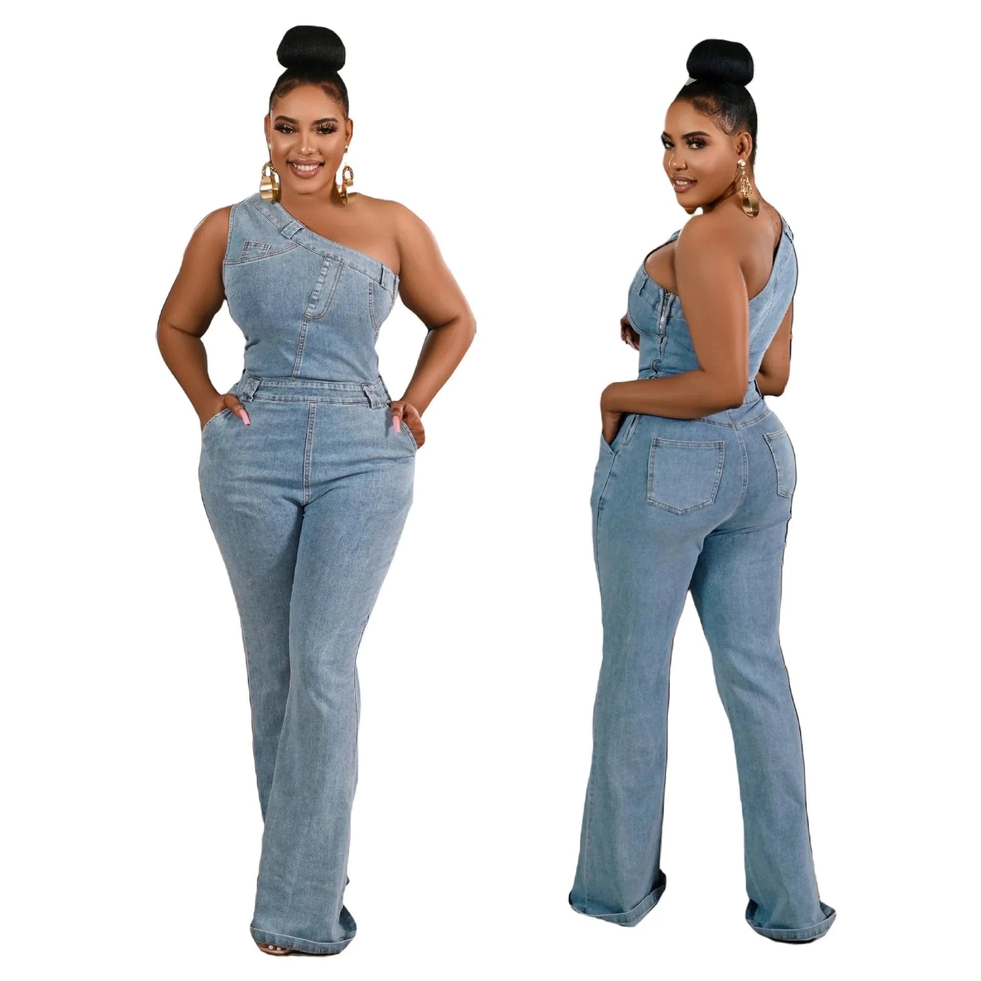Bomblook Z929JP Female Diagonal Shoulder Tight Waist Slim Fit Elastic Wash Denim Jumpsuit Flared Pants