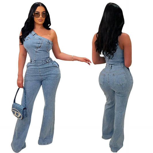 Bomblook Z929JP Female Diagonal Shoulder Tight Waist Slim Fit Elastic Wash Denim Jumpsuit Flared Pants
