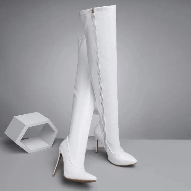 Boots women spring and autumn new lacquer leather knee shoes high heel pointed boots show thin long boots cross border large wom