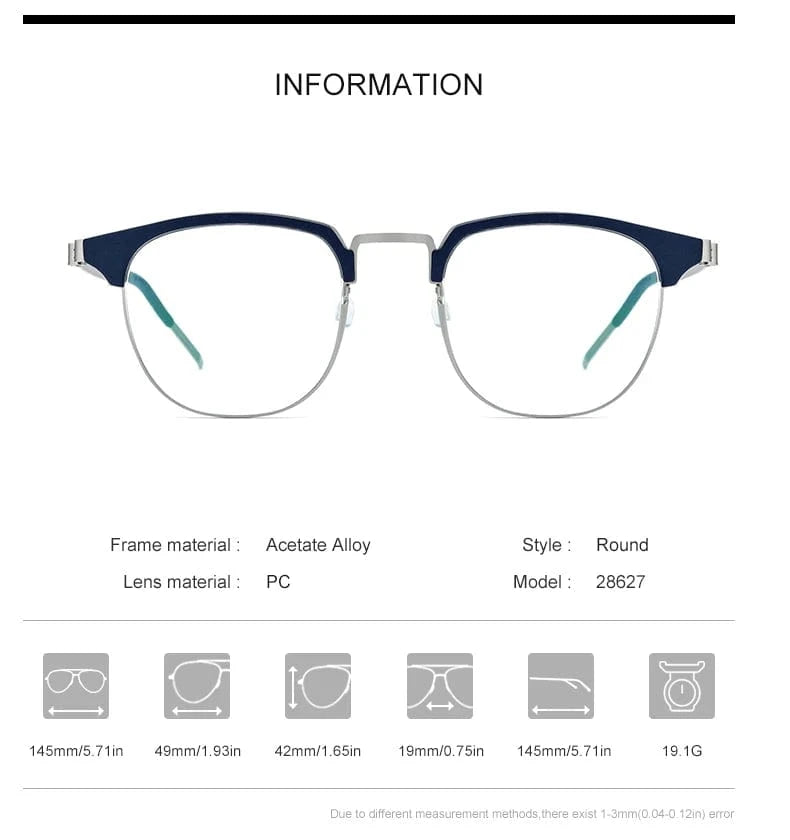 Borregls Acetate Alloy Glasses Frame Men Women Round Myopia Optical Eyeglasses Screwless Korea Eyewear 28627