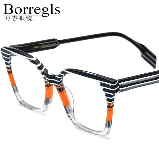 Borregls Acetate Glasses Frame Men Retro Square Eyeglasses Women 2022 Optical Spectacles Myopia Eyewear 19252