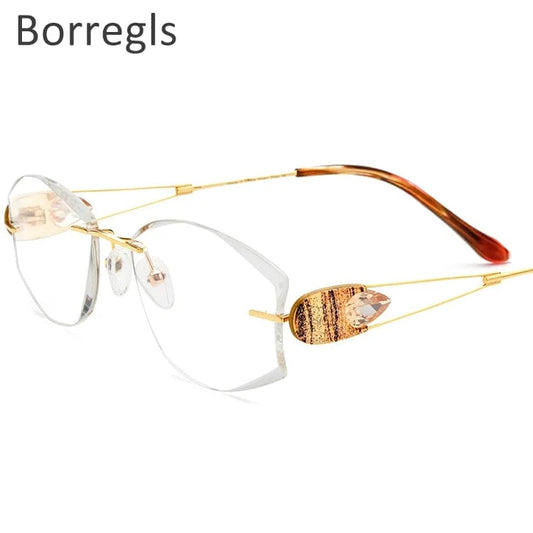 Borregls Wire Titanium Rimless Glasses Women Ultralight Luxury Diamond Trim Optical Eyeglasses Frame Eyewear