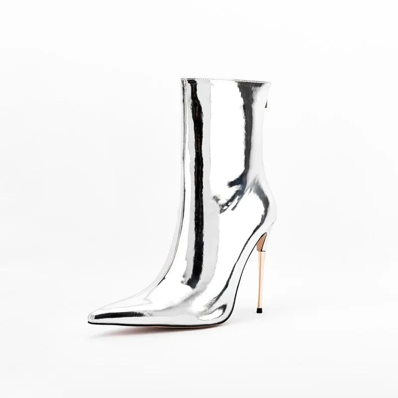 Bota Feminina 2022 Ladies Fashion Metallic Casual Shoes Women Mirror Leather Pointy Toe Stiletto Heels Short Boots Ankle Booties