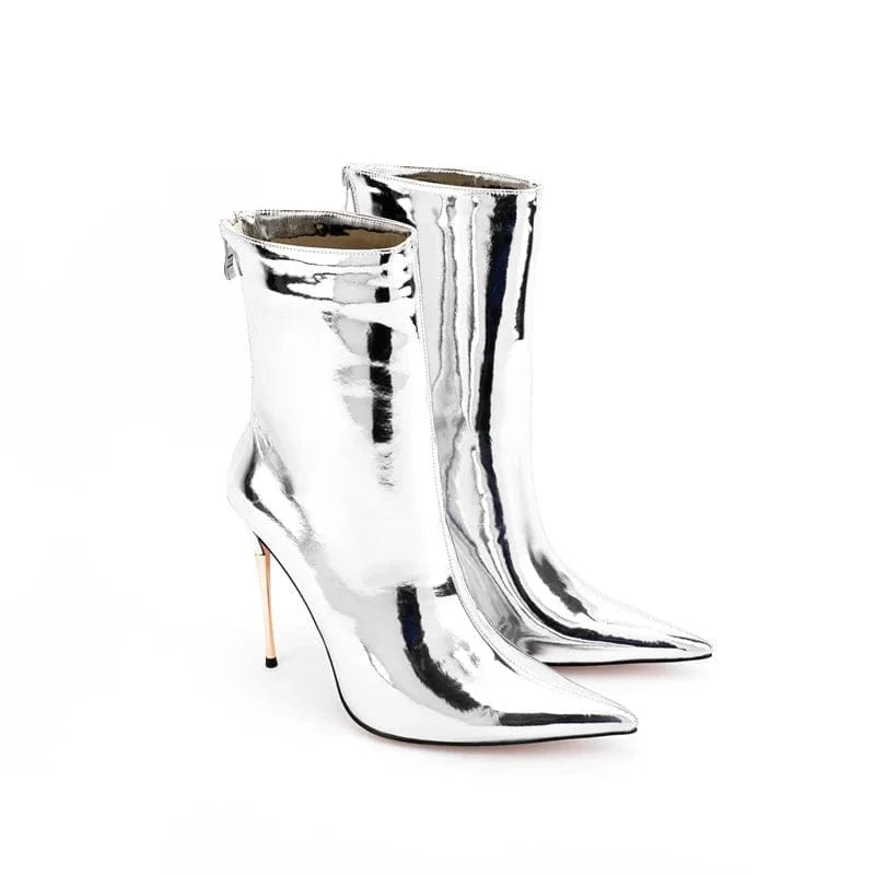 Bota Feminina 2022 Ladies Fashion Metallic Casual Shoes Women Mirror Leather Pointy Toe Stiletto Heels Short Boots Ankle Booties