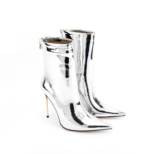 Bota Feminina 2022 Ladies Fashion Metallic Casual Shoes Women Mirror Leather Pointy Toe Stiletto Heels Short Boots Ankle Booties