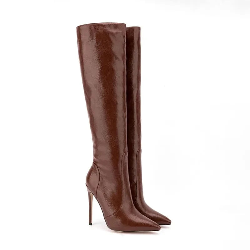 Bota Feminina Fashion Style Crazy Horse Pattern Pointy Toe Long Boots Side Zipper Stiletto High Heel Knee High Boots For Women