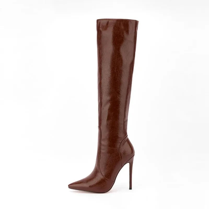 Bota Feminina Fashion Style Crazy Horse Pattern Pointy Toe Long Boots Side Zipper Stiletto High Heel Knee High Boots For Women