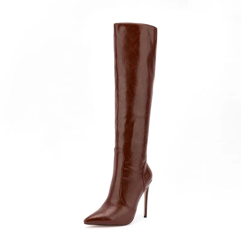 Bota Feminina Fashion Style Crazy Horse Pattern Pointy Toe Long Boots Side Zipper Stiletto High Heel Knee High Boots For Women