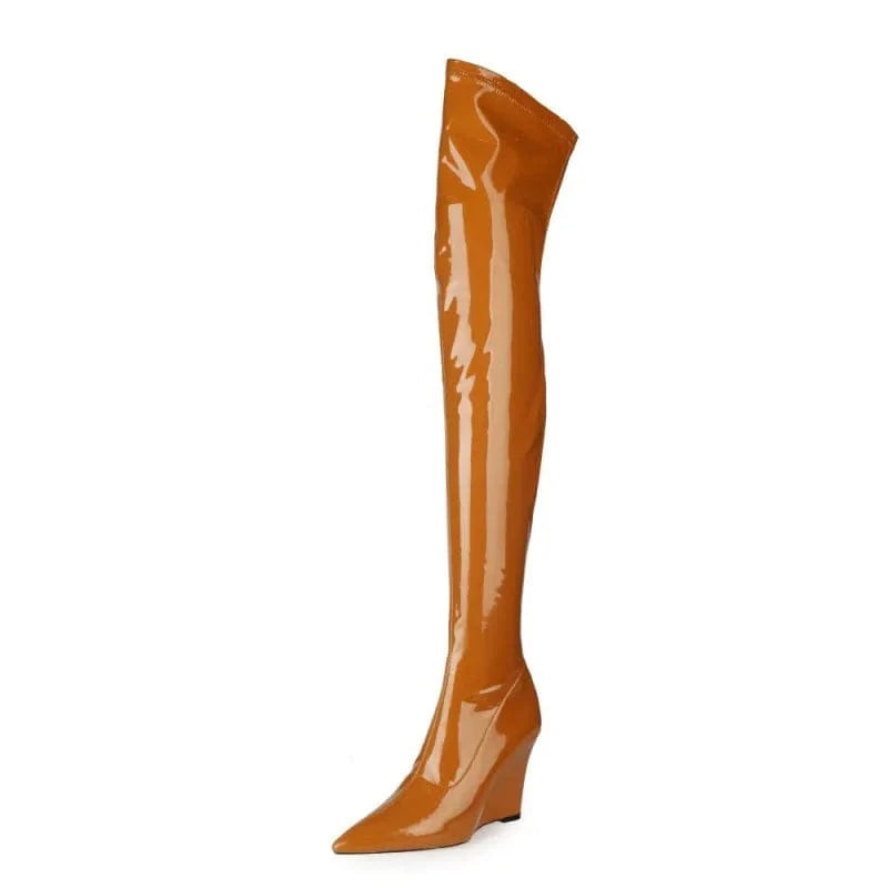 Botas Altas Luxury Design Ladies Over Knee Long Boots Patent Leather Pointy Toe Wedge Heel Elastic Thigh High Boots For Women