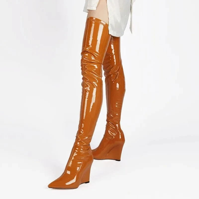 Botas Altas Luxury Design Ladies Over Knee Long Boots Patent Leather Pointy Toe Wedge Heel Elastic Thigh High Boots For Women