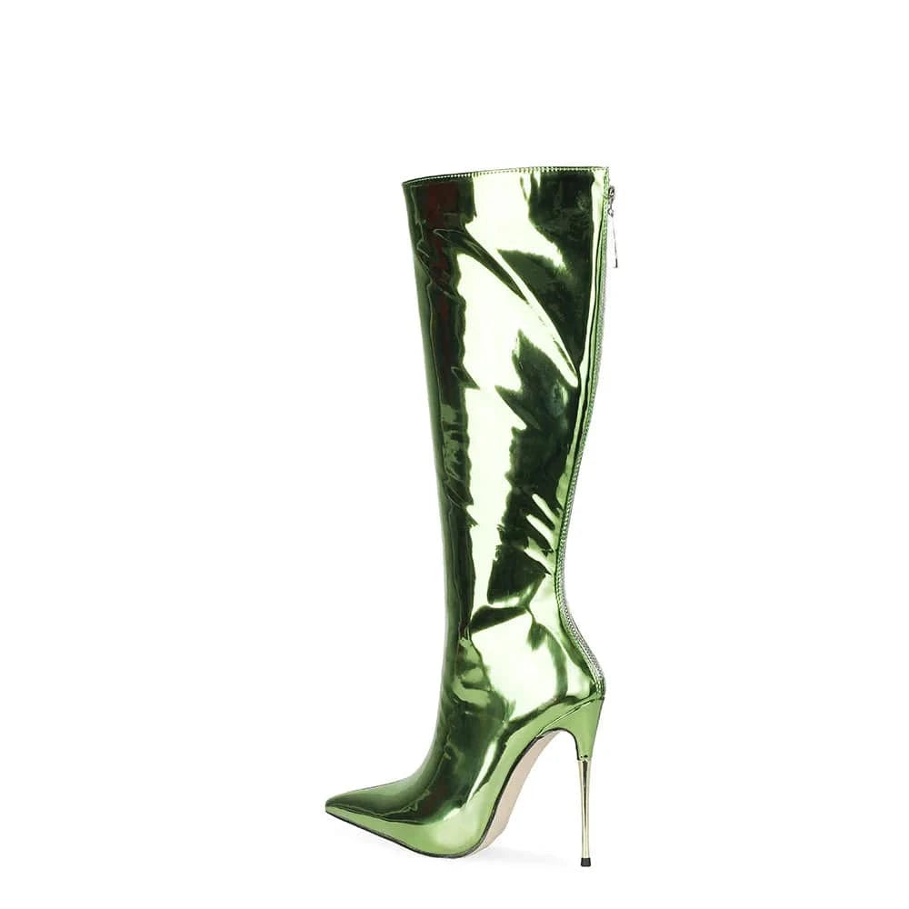 Botas De Mujer Fashion Design Metallic Boots Women Mirror Leather Pointed Toe Stiletto Thin Heels Long Boot Knee High Boots