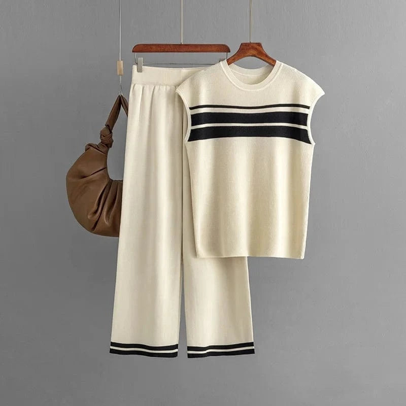 Boutique Wholesale 2024 Autumn New Loose Contrast Stripe Sleeveless Top High Waist Wide Leg Pants Women's Set