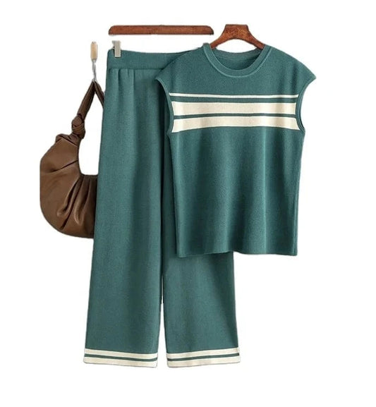 Boutique Wholesale 2024 Autumn New Loose Contrast Stripe Sleeveless Top High Waist Wide Leg Pants Women's Set