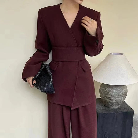 Boutique Wholesale Retro Simple Red Women's Suit 2024 Fall New Fashion Slim Women Black Coat Slacks