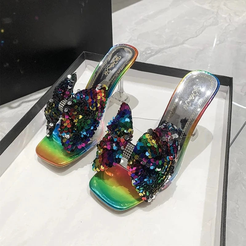Bowknot Dressy Heels Sandals Butterfly Floral Flower Square Toe Trendy Colorful Summer Sandals Heels for Women Summer