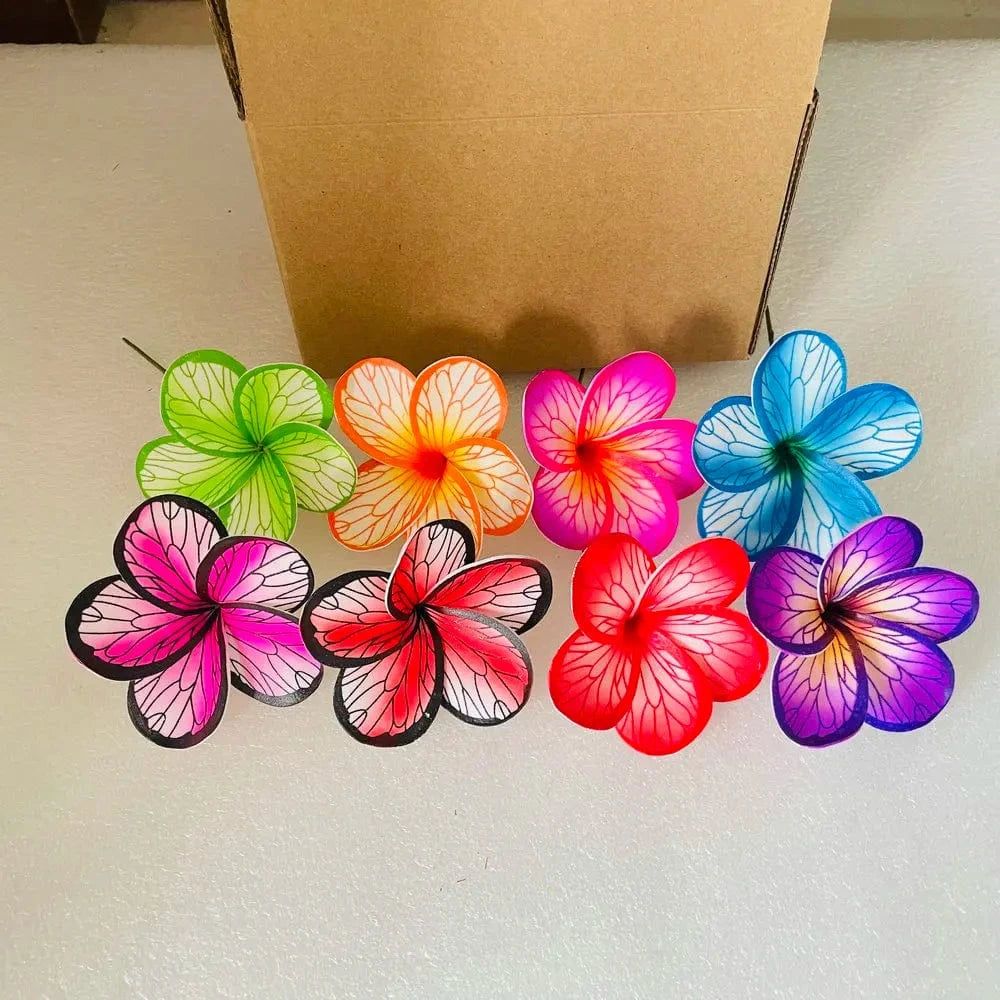 box 3(8pcs,no blue purple red) 8pcs single stem plumeria Foam flower hair pick Artificial Island tiare hibiscus ear accessories for women girl party dancing