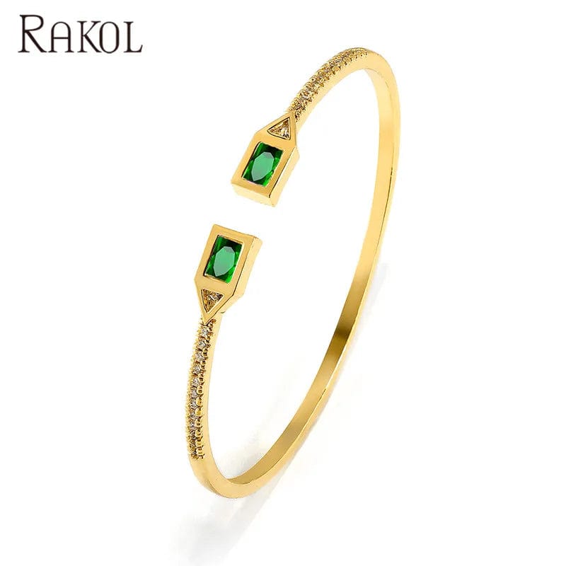BP2212 Gold Green Stone RAKOL BP2212 Fine design minimalist colour gemstone zirconia   dubai bridal adjustable  bangle bracelets jewellery women