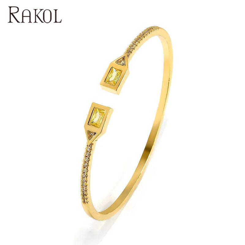 BP2212 Gold Yellow Stone RAKOL BP2212 Fine design minimalist colour gemstone zirconia   dubai bridal adjustable  bangle bracelets jewellery women