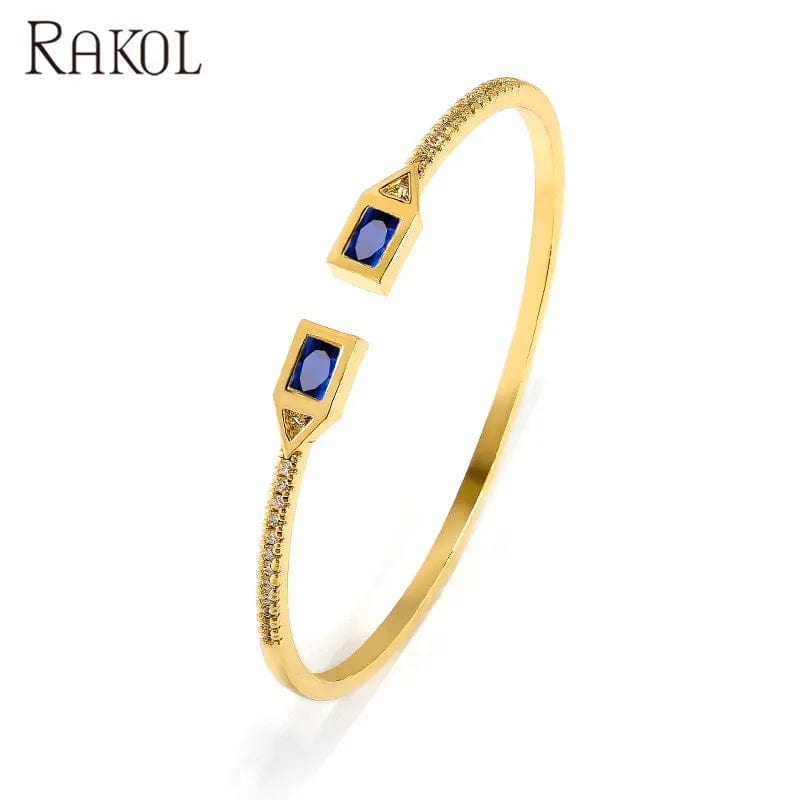 BP2212 White Blue Stone RAKOL BP2212 Fine design minimalist colour gemstone zirconia   dubai bridal adjustable  bangle bracelets jewellery women