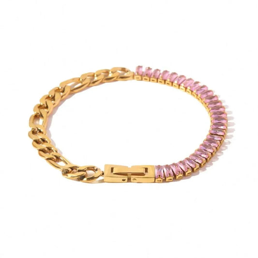 BR1030 / 19cm / BR1030 BR1030 Stainless Steel 18K Gold Plated Jewelry Pink Full Cubic Zirconia Figaro Chian Bracelet For Women