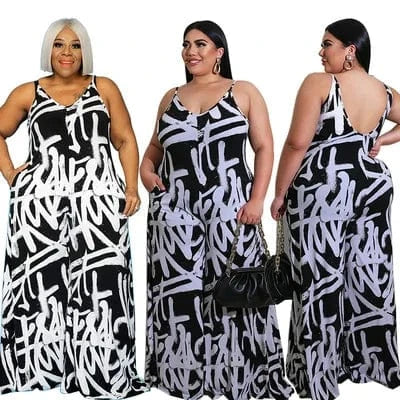BR1488  XL to 5XL Strap Irregular Graffiti Plus Size wide bodysuits 1 piece jumpsuit women