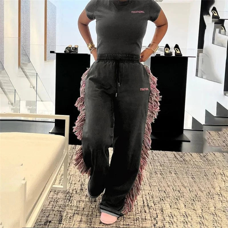 BR4206 2024 women's round neck embroidered short sleeve t-shirt high waist color tassel casual pants