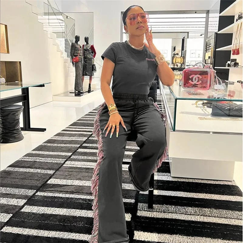 BR4206 2024 women's round neck embroidered short sleeve t-shirt high waist color tassel casual pants