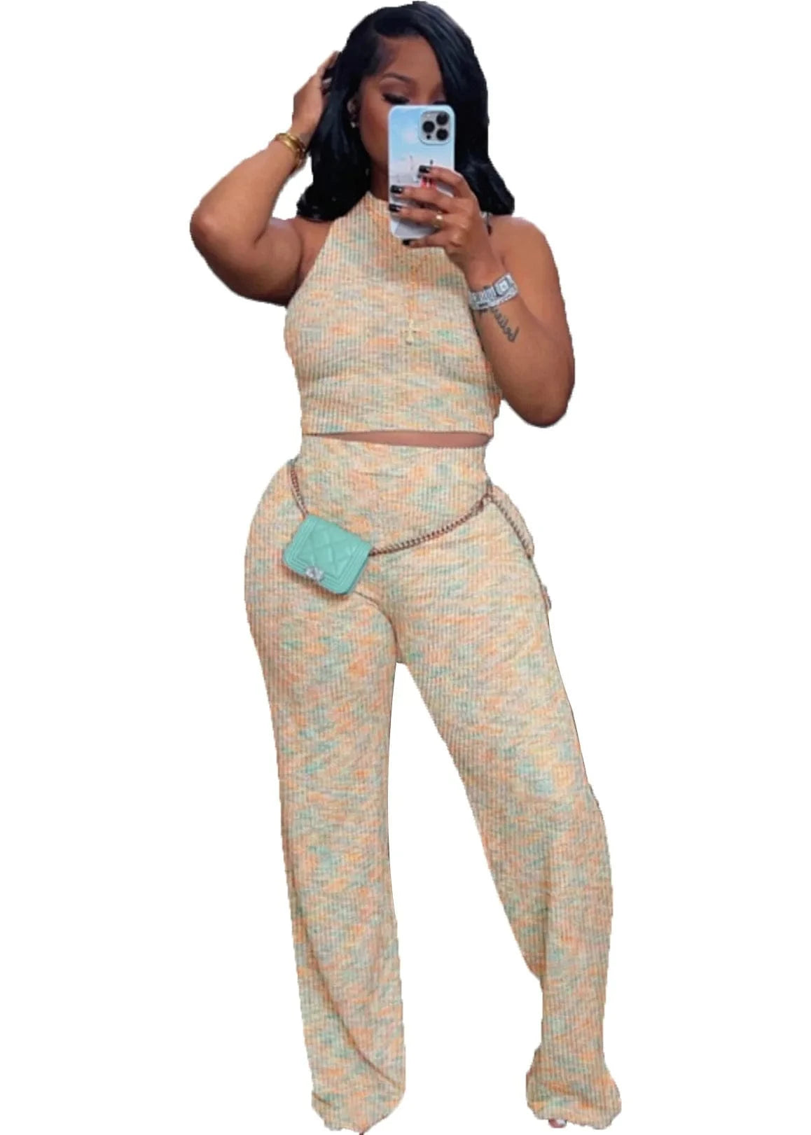 BR4476 Women's Summer Sleeveless Printed Wide-leg Pants Two-piece Set