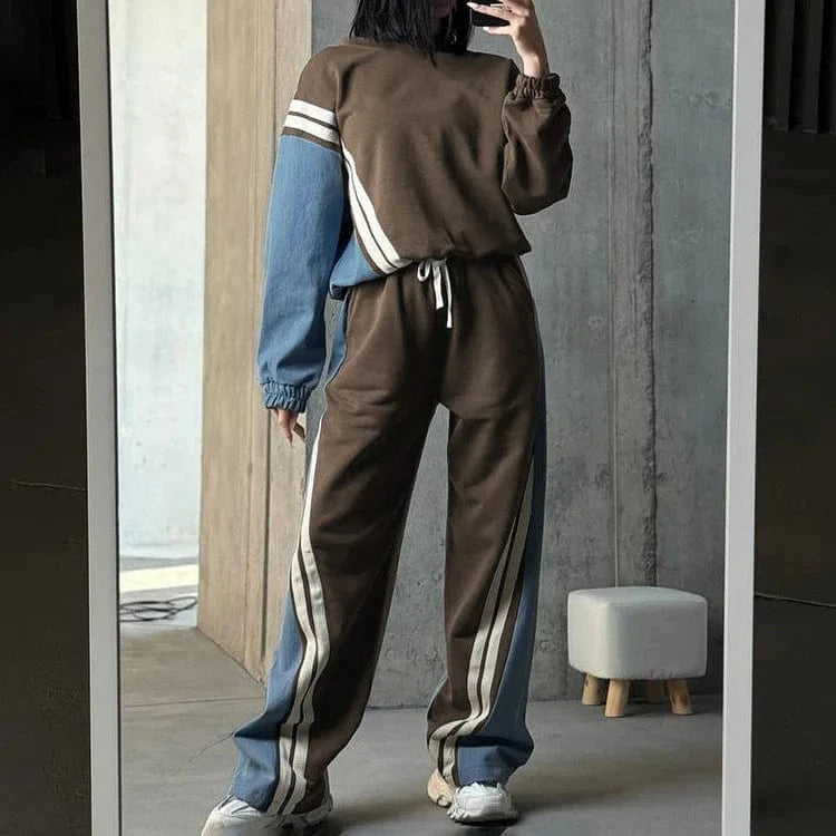 BR4837 Casual Style Sports Two-Piece Set Solid O-Neck Sweatshirt Pullover Top Drawstring Trousers Striped Contrast Colors