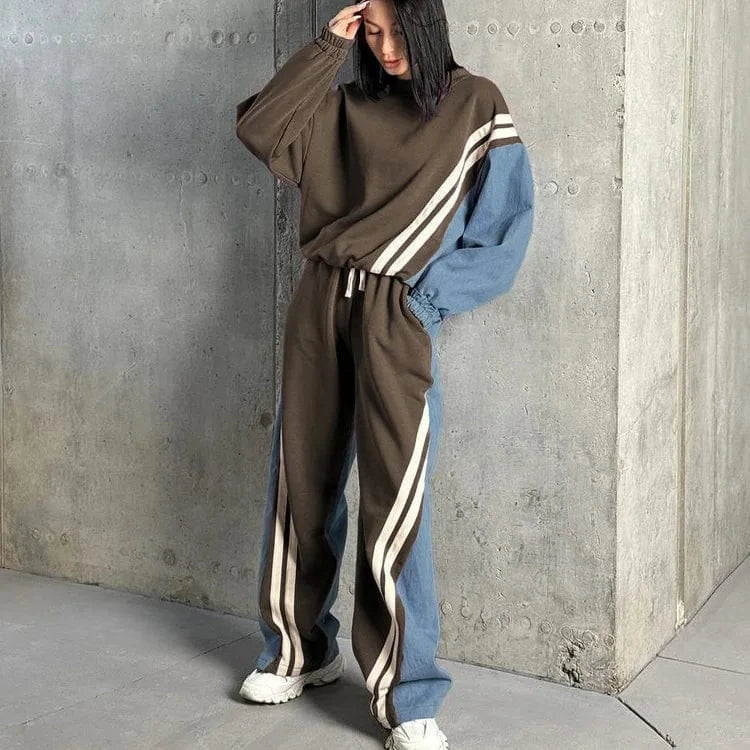 BR4837 Casual Style Sports Two-Piece Set Solid O-Neck Sweatshirt Pullover Top Drawstring Trousers Striped Contrast Colors