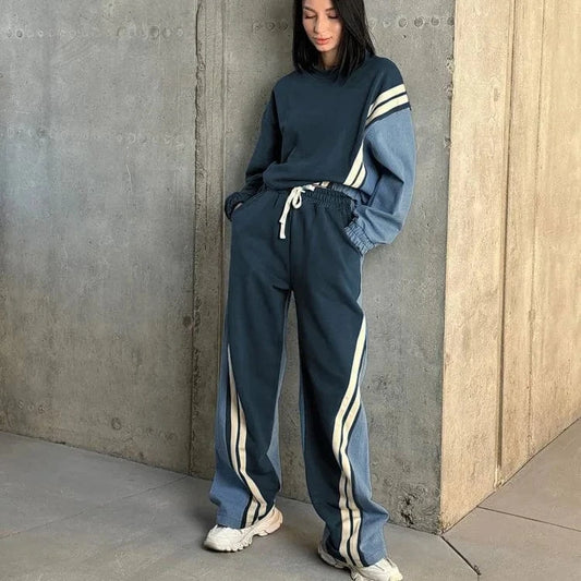 BR4837 Casual Style Sports Two-Piece Set Solid O-Neck Sweatshirt Pullover Top Drawstring Trousers Striped Contrast Colors