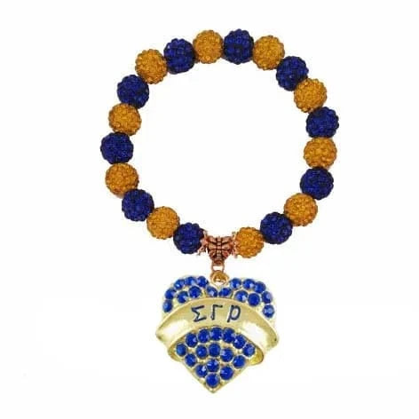 Bracelet / 19CM / heart Gold and Royal Blue Stretch Bead Bracelet Greek Symbol Sigma Gamma Rho Sorority  Shield Charm Costume Bracelets Jewelry