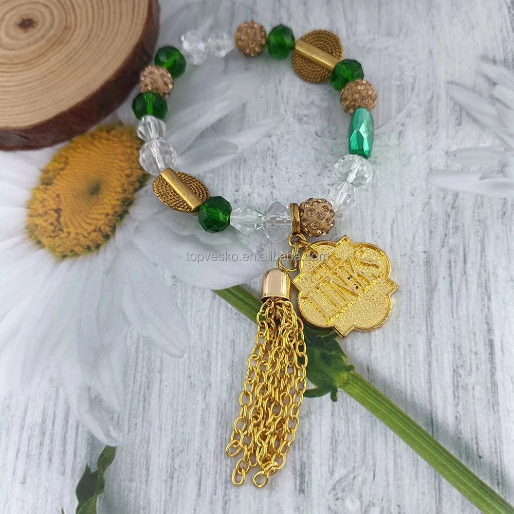bracelet / adjustbale length / Gold Topvesko New HandMade Greek Sorority Green Beads Chain DIY Links Charm Bracelet Jewelry