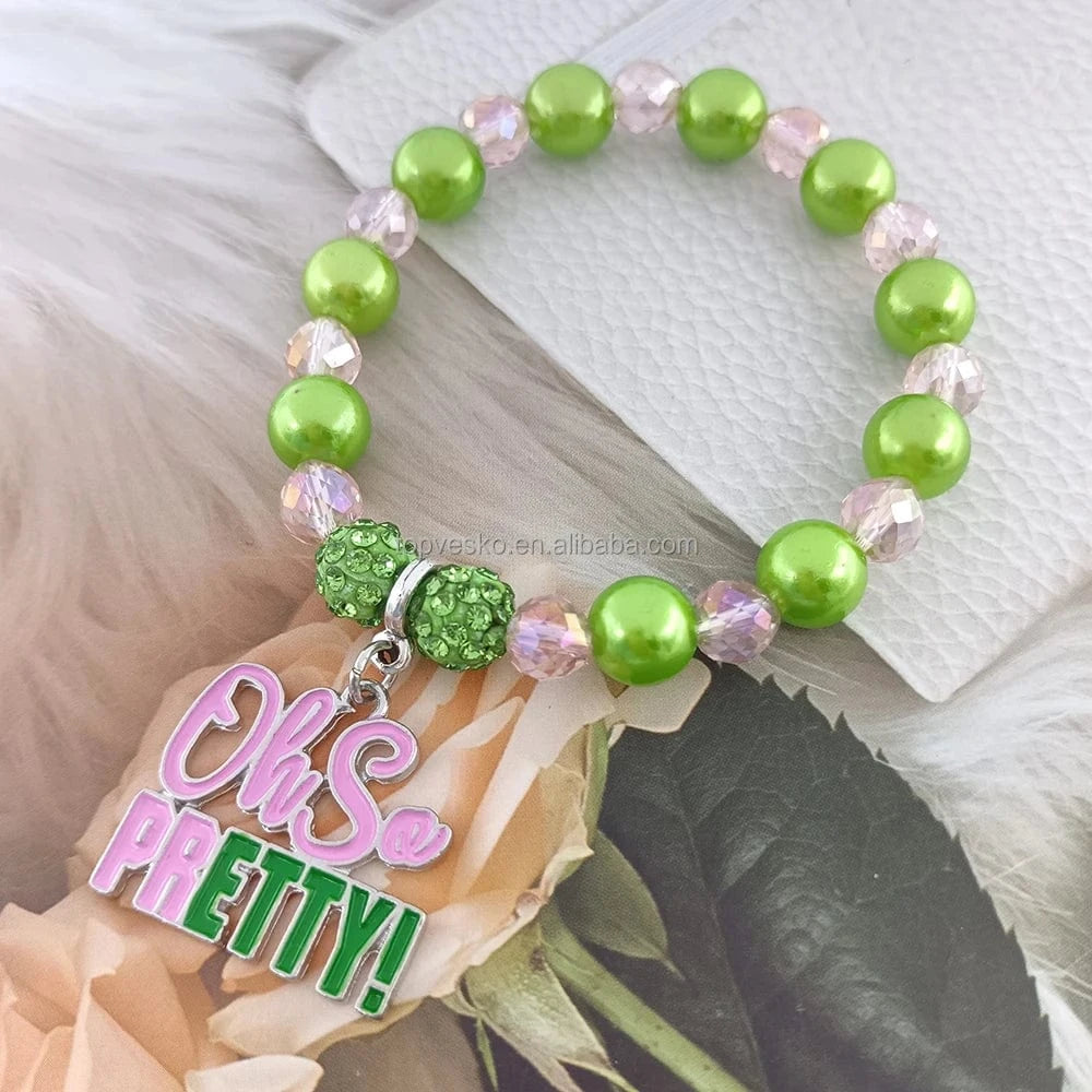 bracelet / Pink Green Greek Sister Sorority Pink Green European America Style Enamel Letter Charm Beaded Bracelet Women Jewelry Gift
