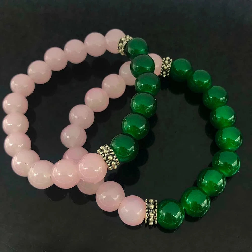 Bracelet / pink green Handmade High Quality 2pcs Heavy Beads Greek Symbol Sorority Elastic Pink & Green Jade Bead Charms Bracelet Jewelry Set
