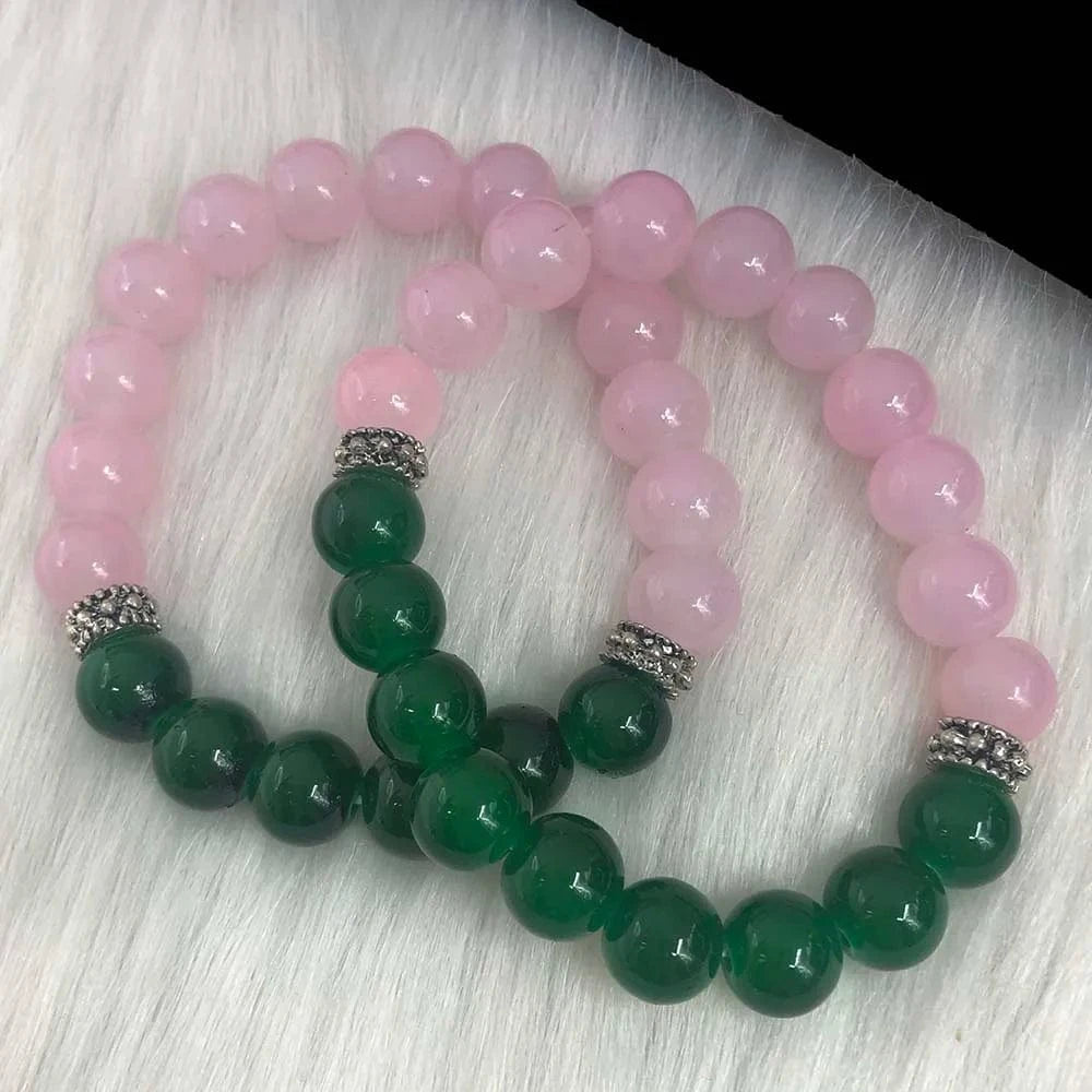 Bracelet / pink green Handmade High Quality 2pcs Heavy Beads Greek Symbol Sorority Elastic Pink & Green Jade Bead Charms Bracelet Jewelry Set