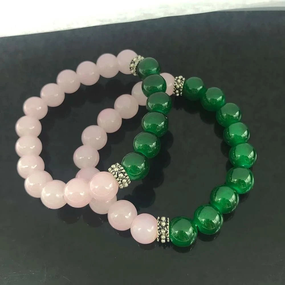 Bracelet / pink green Handmade High Quality 2pcs Heavy Beads Greek Symbol Sorority Elastic Pink & Green Jade Bead Charms Bracelet Jewelry Set