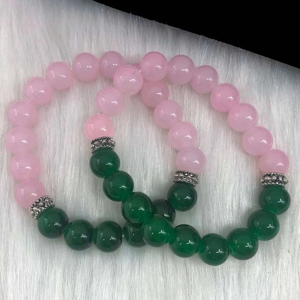 Bracelet / pink green Handmade High Quality 2pcs Heavy Beads Greek Symbol Sorority Elastic Pink & Green Jade Bead Charms Bracelet Jewelry Set