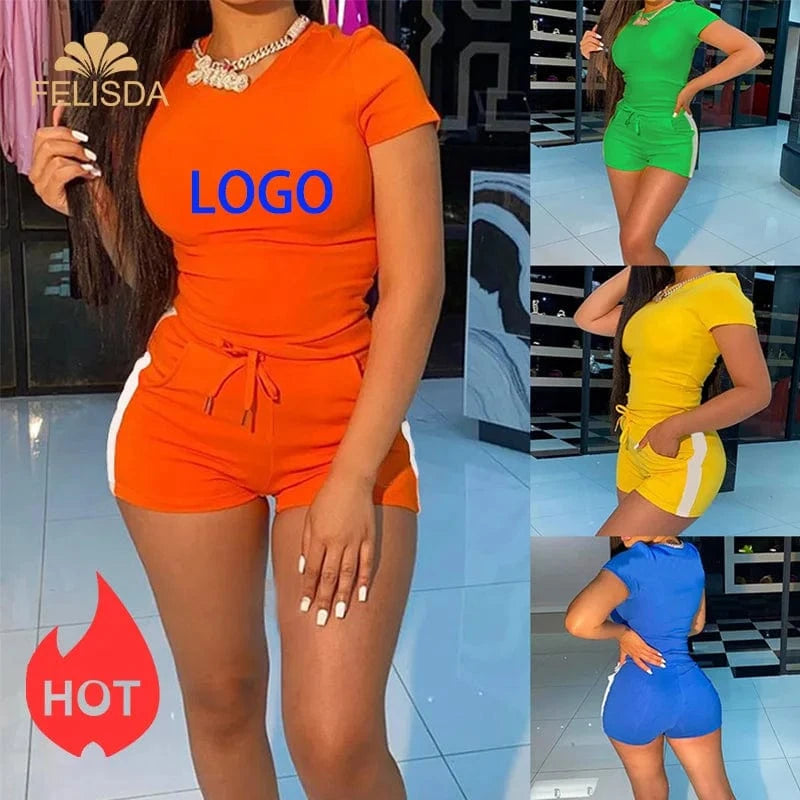 Brand Custom Casual Summer Two Piece Set Women Outfits Tracksuit Female Elastic T Shirt 2 Piece Biker Shorts Set