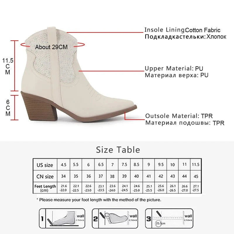 Brand Fashion Women Ankle Boots Newest Western Cowboy Boots Rhinestone Luxury Cowgirl Shoes High Heels Short Boots