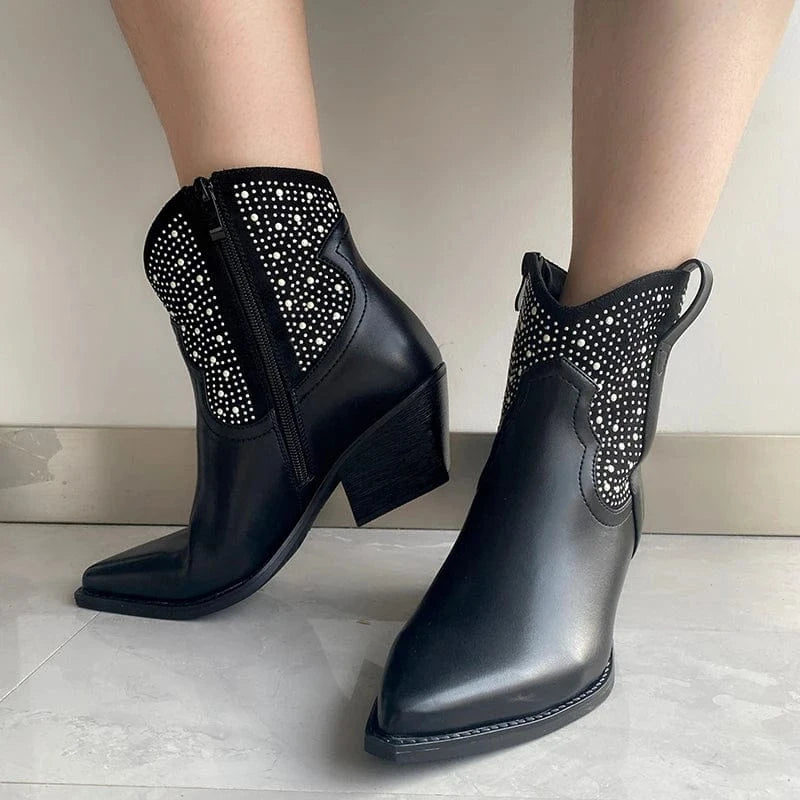 Brand Fashion Women Ankle Boots Newest Western Cowboy Boots Rhinestone Luxury Cowgirl Shoes High Heels Short Boots