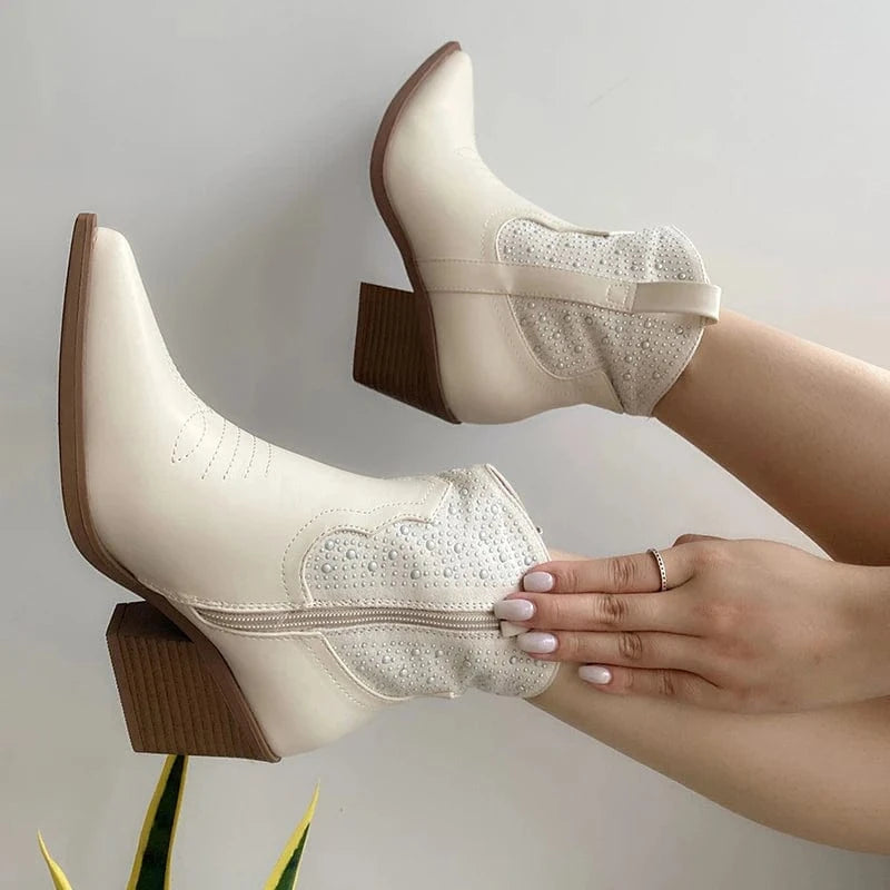 Brand Fashion Women Ankle Boots Newest Western Cowboy Boots Rhinestone Luxury Cowgirl Shoes High Heels Short Boots