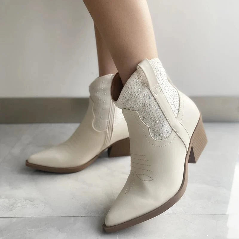 Brand Fashion Women Ankle Boots Newest Western Cowboy Boots Rhinestone Luxury Cowgirl Shoes High Heels Short Boots