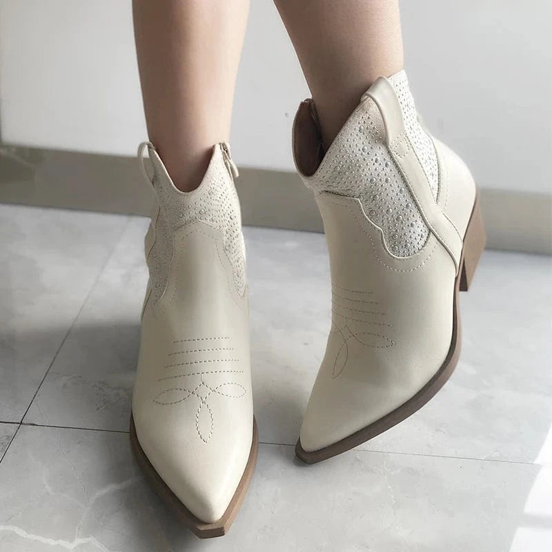 Brand Fashion Women Ankle Boots Newest Western Cowboy Boots Rhinestone Luxury Cowgirl Shoes High Heels Short Boots