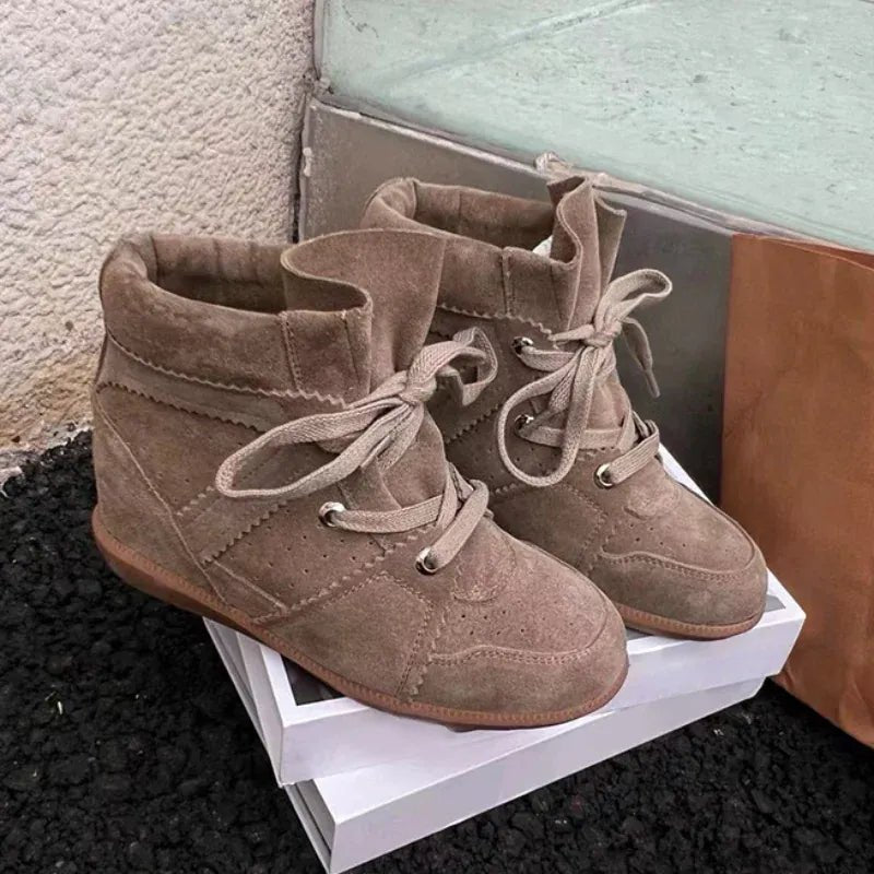 Brand Frosted Splicing Sneakers Women Fashion Versatile Casual High - top Shoes Inner Height Increase Textured Design Casual Shoes - SN Wigs & More
