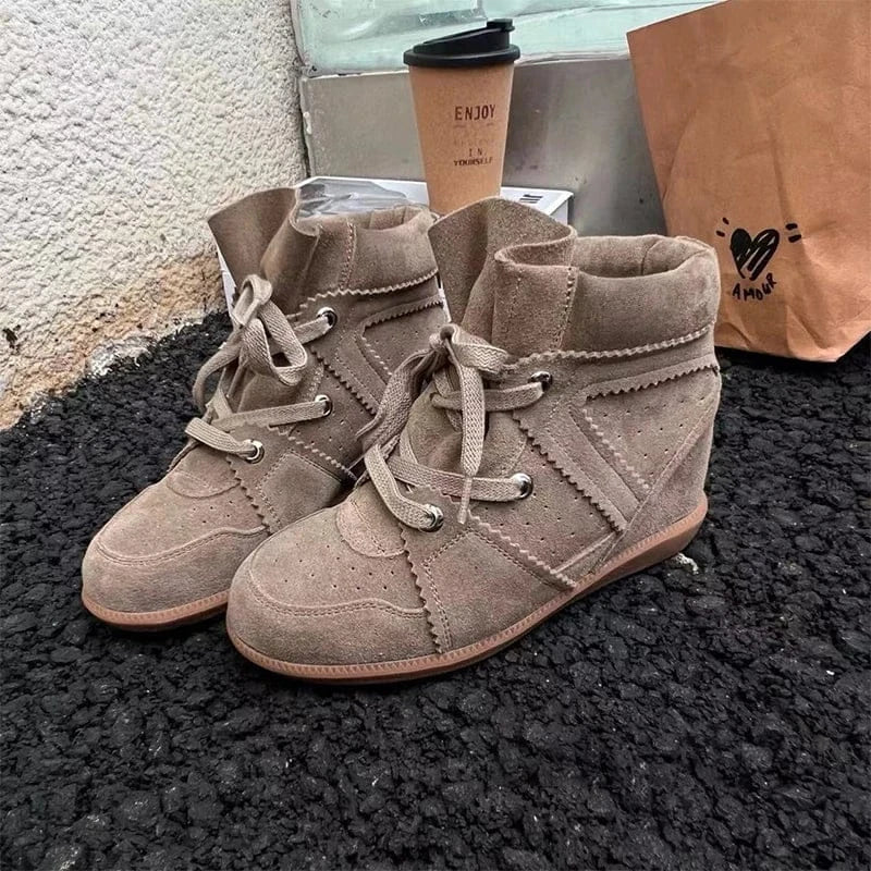 Brand Frosted Splicing Sneakers Women Fashion Versatile Casual High - top Shoes Inner Height Increase Textured Design Casual Shoes - SN Wigs & More