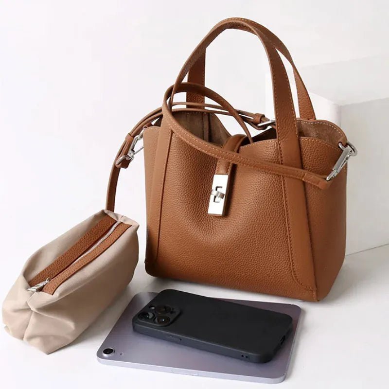 Brand Genuine Leather Basket Bag Women Luxury Fashion Simple Texture Tote Bag New Versatile High - end Shoulder Bag Messenger Bag - SN Wigs & More