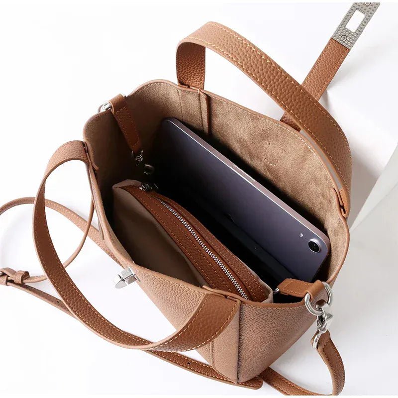 Brand Genuine Leather Basket Bag Women Luxury Fashion Simple Texture Tote Bag New Versatile High - end Shoulder Bag Messenger Bag - SN Wigs & More